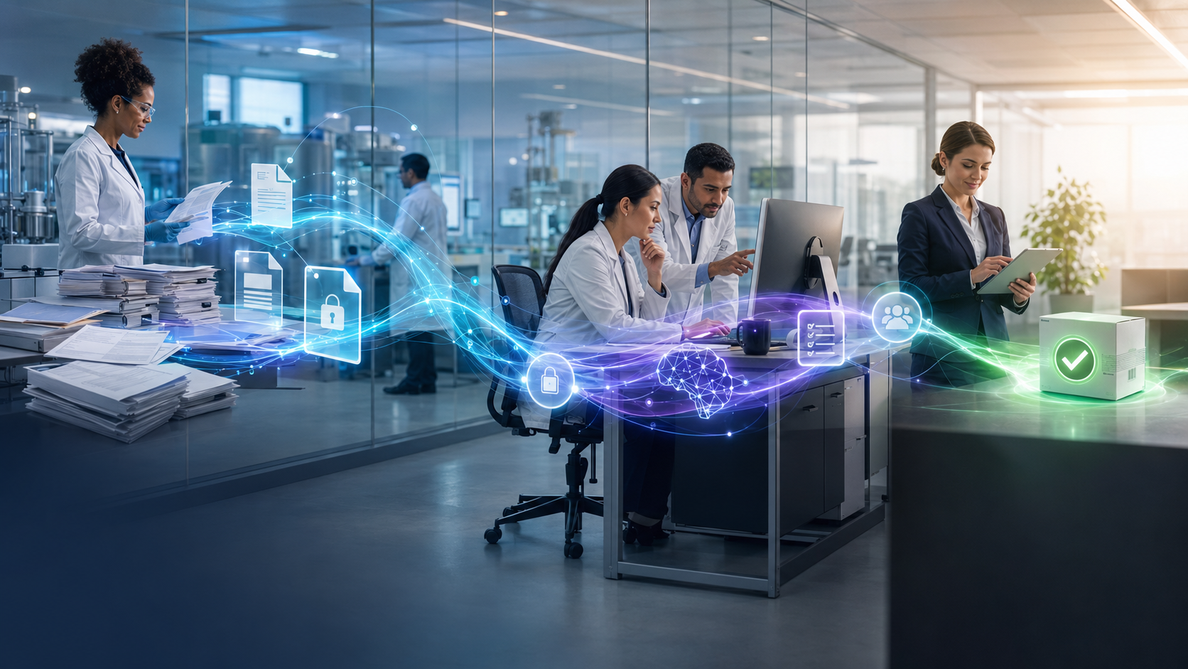 Quality professionals moving batch documents through secure upload, AI-assisted review, human approval, and final lot release